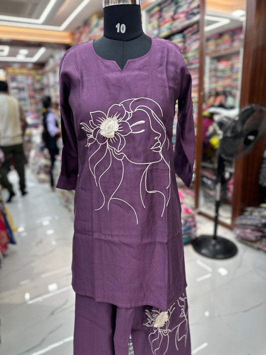 Short Co- Ord set Girl Face Embroidery