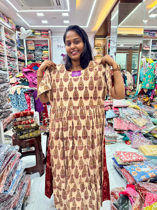 Kalamkari Cotton Puff Midi - Cream Thilak