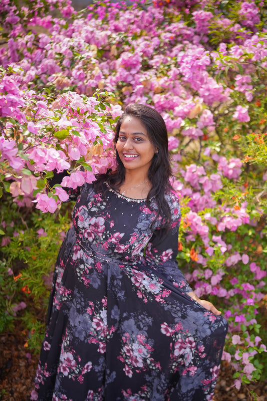 Black Florals Yellow Georgette Premium Maxi