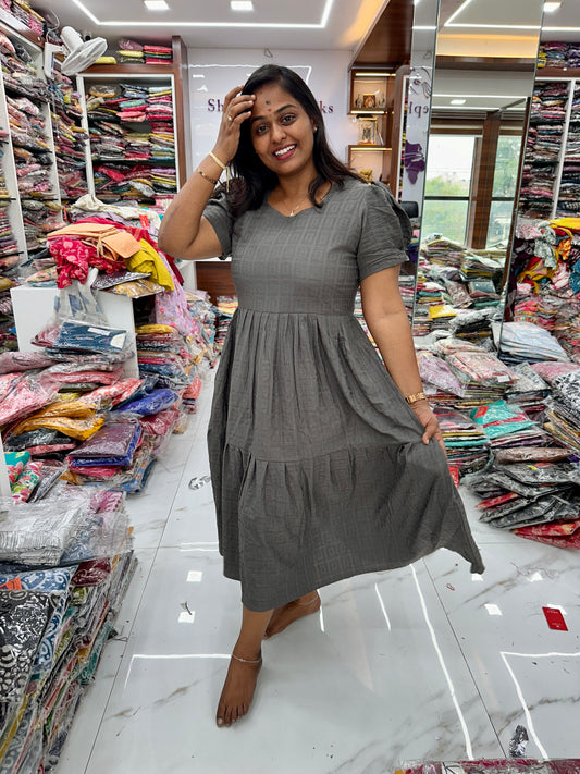 Square Pastel Grey Cotton Puff Midi dress