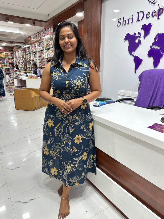 Sleeveless Jaipur Cotton Midi dress Navy Blue - SLJ02