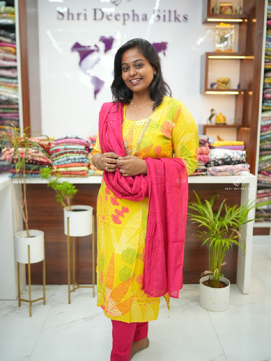 Yellow & Rani Crepe Silk premium 3 pcs Salwar set