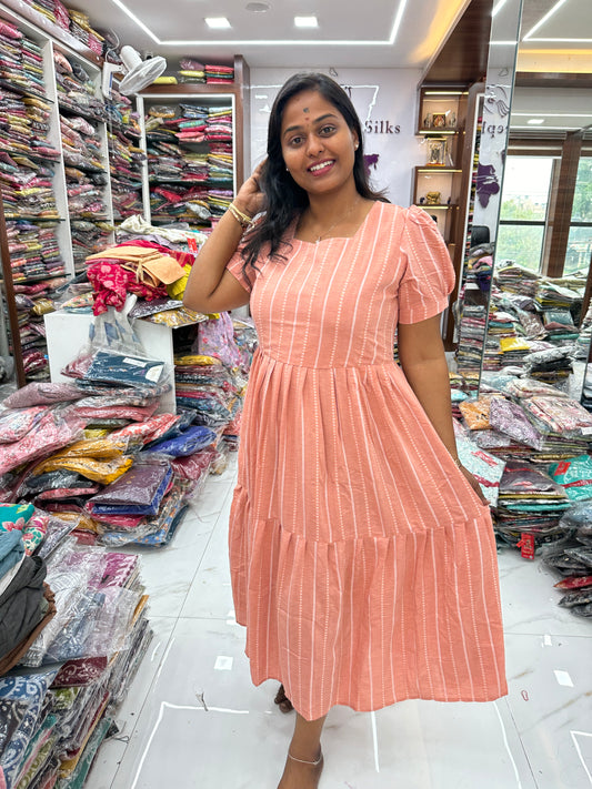 Solid Pastel Orange Cotton Puff Midi dress