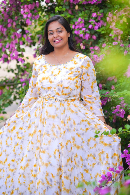 White Florals Yellow Georgette Premium Maxi