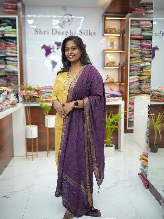 Mustard & Violet Silk Cotton premium 3 pcs Salwar set