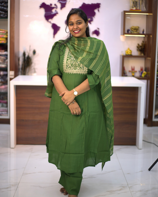 Premium Party Wear 3 Pcs Green Anarkali Set - PPAS02