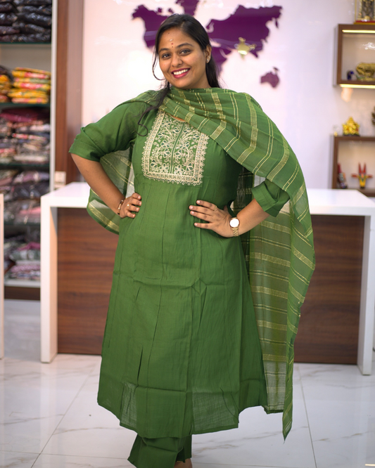 Premium Party Wear 3 Pcs Green Anarkali Set - PPAS02