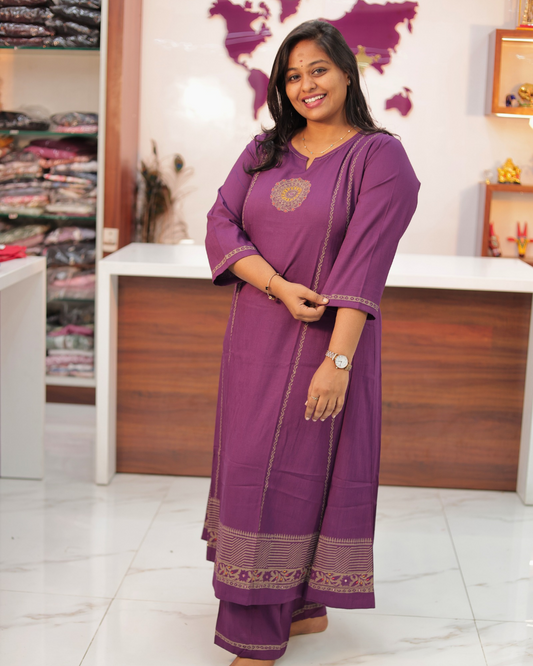 Hand Block Hand Embroidery Soft Cotton with Silky touch Purple Co Ord Set - IBCS04