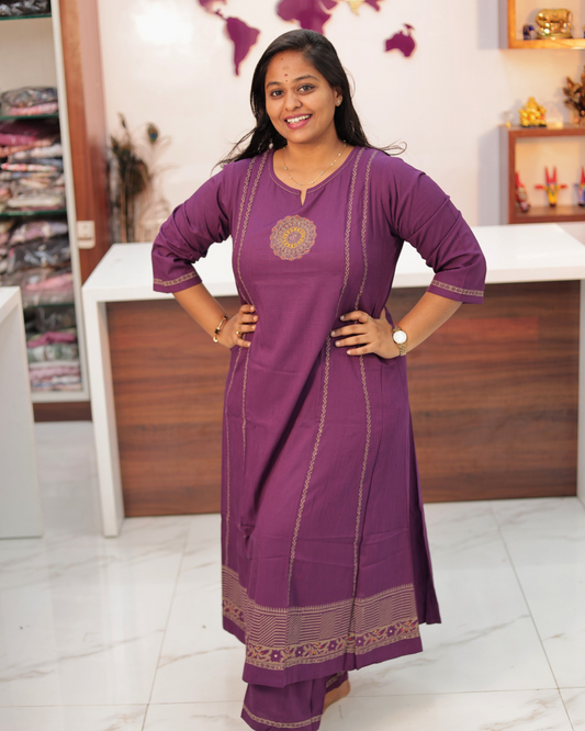 Hand Block Hand Embroidery Soft Cotton with Silky touch Purple Co Ord Set - IBCS04