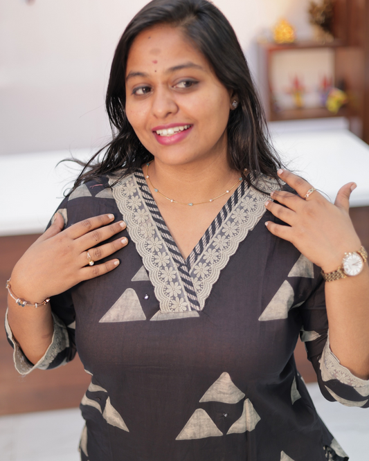 Hand Block Hand Embroidery Pure Cotton Black Co Ord Set - IBCS08