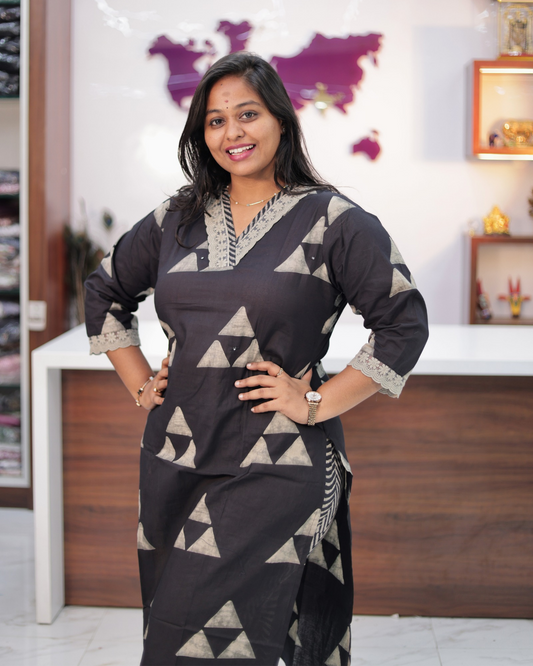 Hand Block Hand Embroidery Pure Cotton Black Co Ord Set - IBCS08