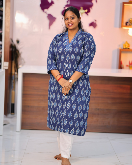 Jaipur Cotton Indigo Ikat V Neck Straight Cut Kurti - CPSK01