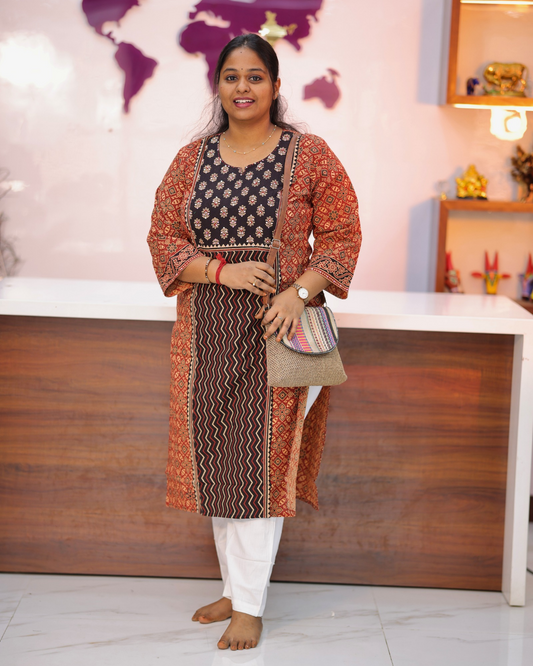 Jaipur Cotton Ajrak Print Brown Straight Cut Kurti - CPSK04