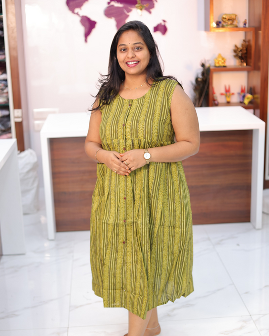 Jaipur Cotton Olive Green Ethnic Stripe Sleeveless Midi - CPMD03