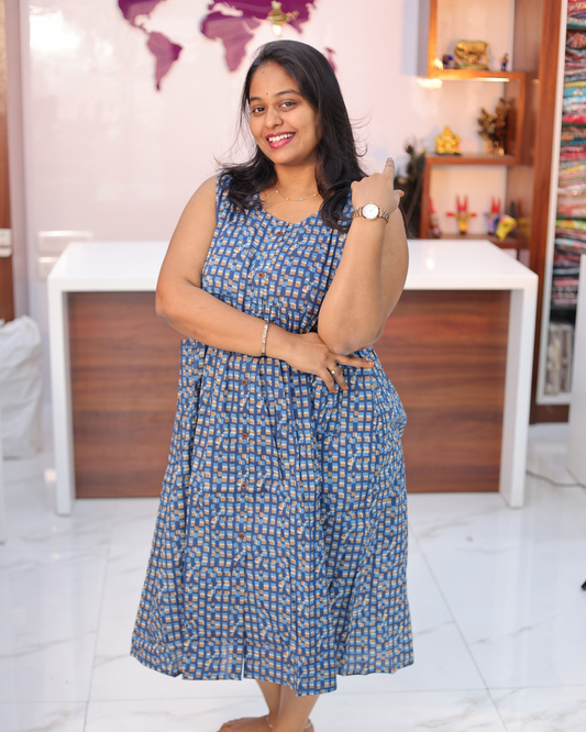 Jaipur Cotton Dusty Blue Geometric Square Print Sleeveless Midi - CPMD01