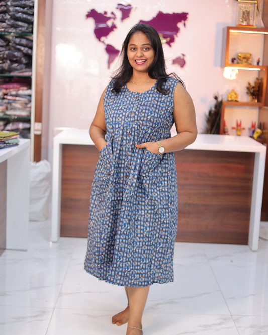 Jaipur Cotton Dusty Blue Geometric Square Print Sleeveless Midi - CPMD01