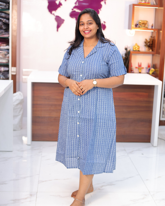 Jaipur Cotton Blue Geometric Triangle Print Collar Neck Aline Kurti - CPAK01