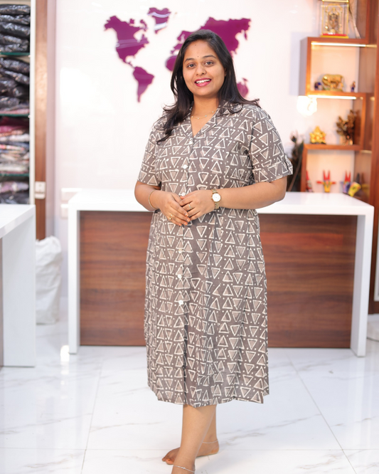 Jaipur Cotton Taupe Grey Abstract Triangle Print Collar Neck Aline Kurti - CPAK02