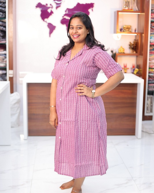 Jaipur Cotton Pink Micro Geometric Print Collar Neck Aline Kurti - CPAK03