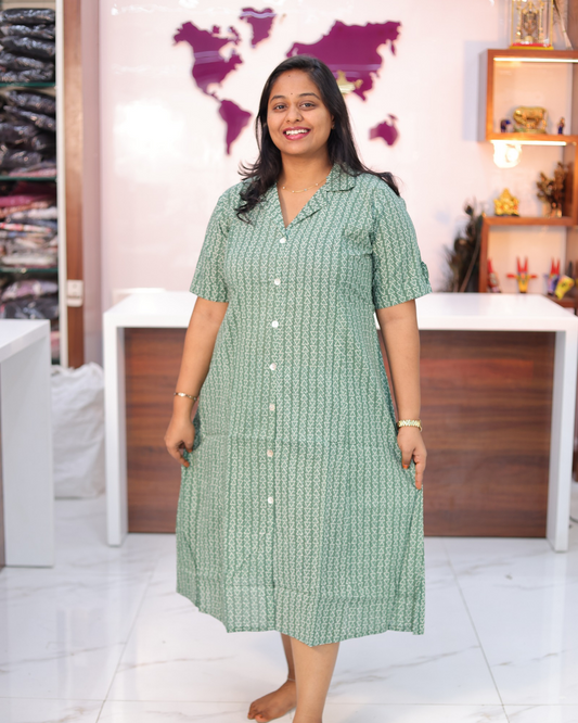 Jaipur Cotton Sage Green Micro Geometric Print Collar Neck Aline Kurti - CPAK04