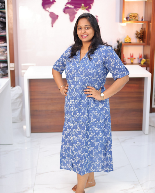 Jaipur Cotton Blue Floral Vine Print Collar Neck Aline Kurti - CPAK05