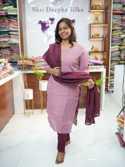 Mauve Wine Silk premium 3 pcs Salwar set