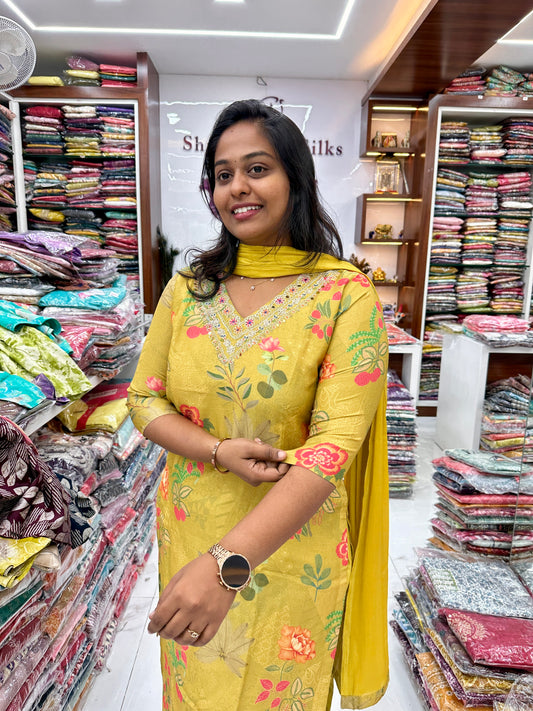 V Neck parrot Shinnon Silk Salwar Set