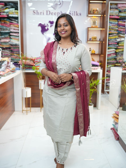Ash Grey Red Chanderi Cotton Silk premium 3 pcs Salwar set