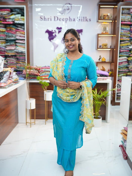 Turquoise Blue Shinnon Sharara 3pcs silk salwar Set