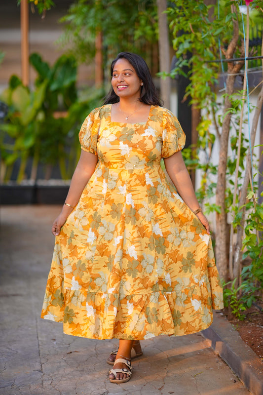Jaipur Cotton Puff Midi dress Mustard Floral