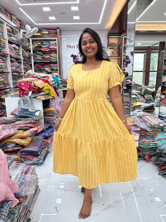 Solid Pastel Yellow Cotton Puff Midi dress