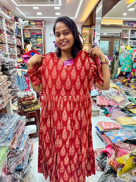 Kalamkari Cotton Puff Midi Red Thilak