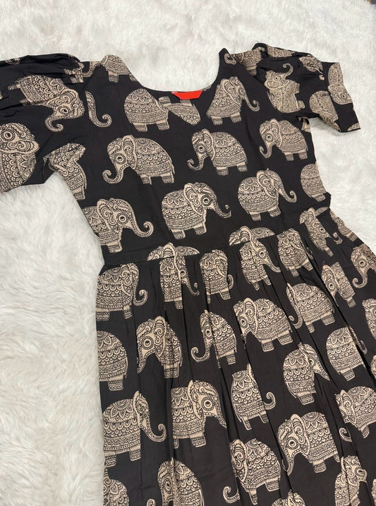 Kalamkari Cotton Puff Midi - Black Elephant