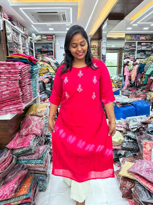 Silk Georgette Rani Pink Tie & Dye Flower Kurthi