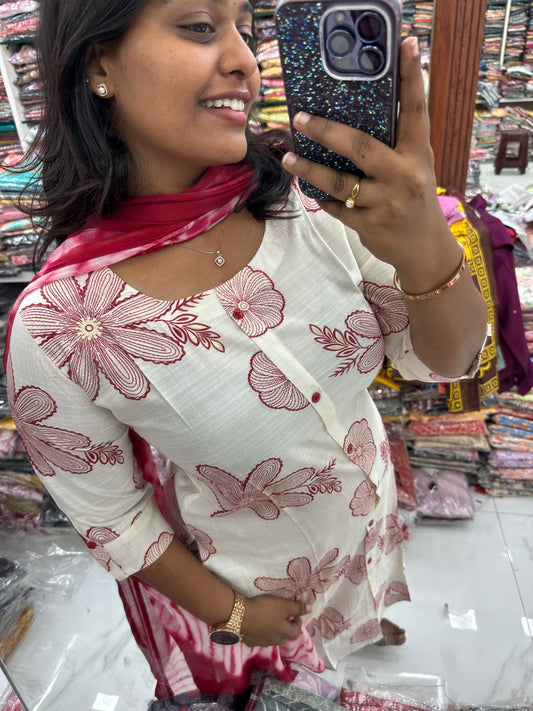 Co Ord Set Red Crochet Floral print with Dupatta