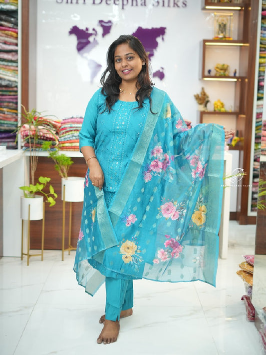 Blue Hakoba Cotton Silk premium 3 pcs Salwar set with organza Dupatta