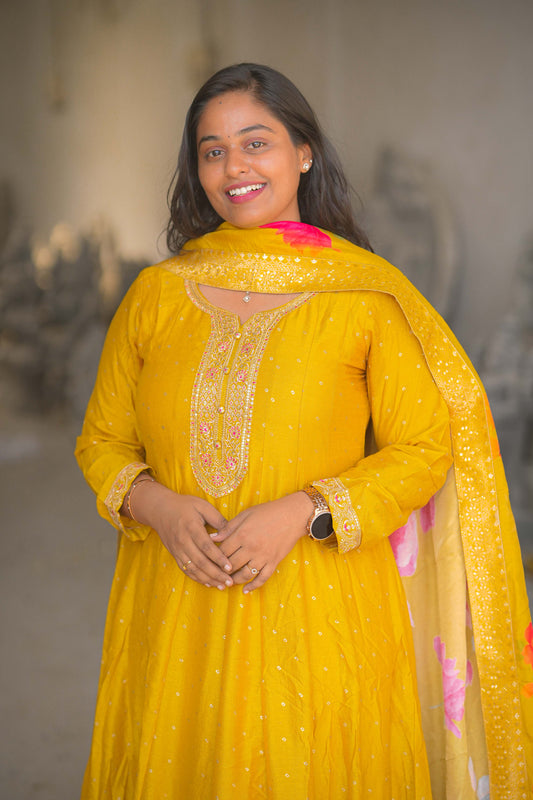 Anarkali Yellow Premium Tussar Silk Salwar Set