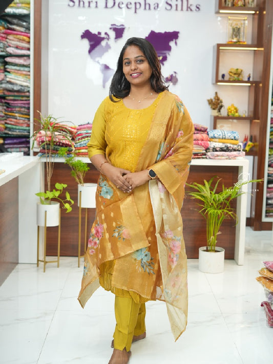 Hello Gold Hakoba Cotton Silk premium 3 pcs Salwar set with organza Dupatta