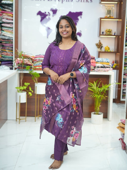 Purple Hakoba Cotton Silk premium 3 pcs Salwar set with organza Dupatta