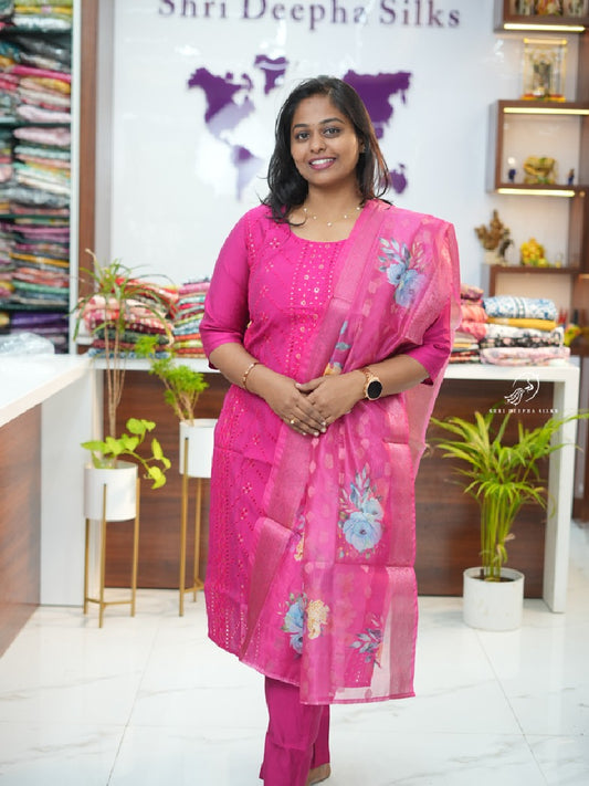 Pink Hakoba Cotton Silk premium 3 pcs Salwar set with organza Dupatta