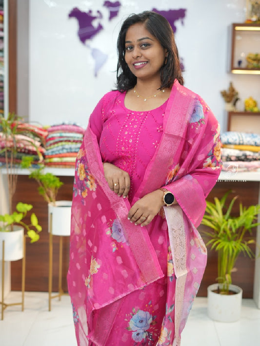 Pink Hakoba Cotton Silk premium 3 pcs Salwar set with organza Dupatta