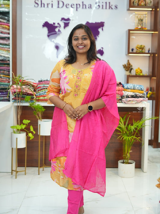 Yellow Pink Crepe Silk Premium 3 pcs Salwar set