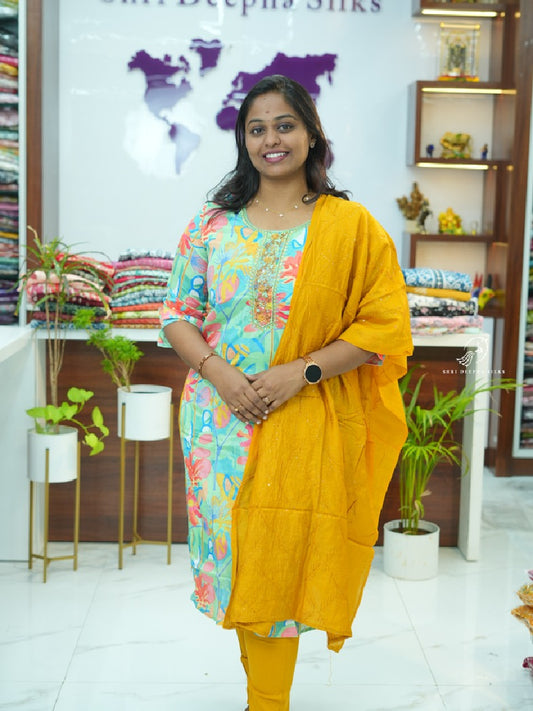 Sea Green Gold Crepe Silk premium 3 pcs Salwar set