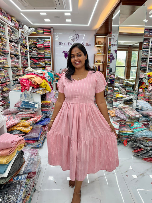 Solid Pastel Pink Cotton Puff Midi dress