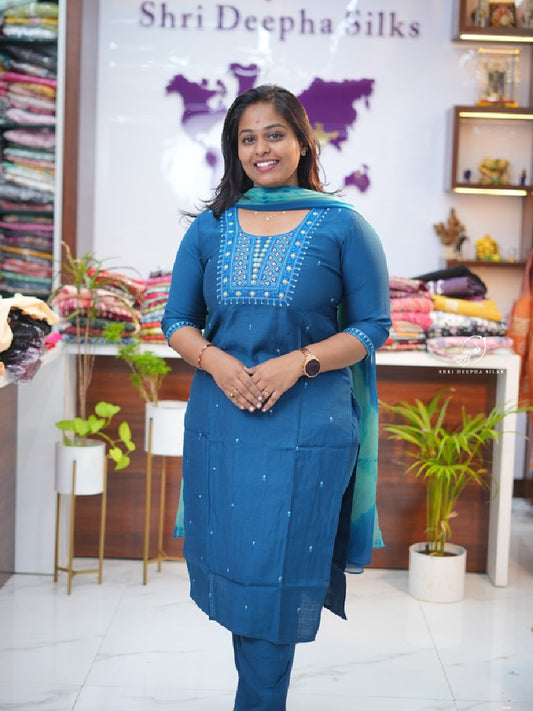 Cotton Peacock Blue 3 Pcs Salwar Set