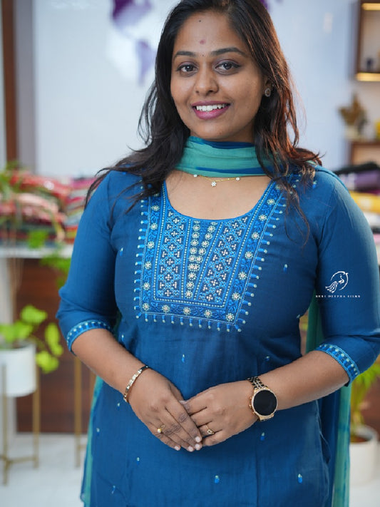 Cotton Peacock Blue 3 Pcs Salwar Set