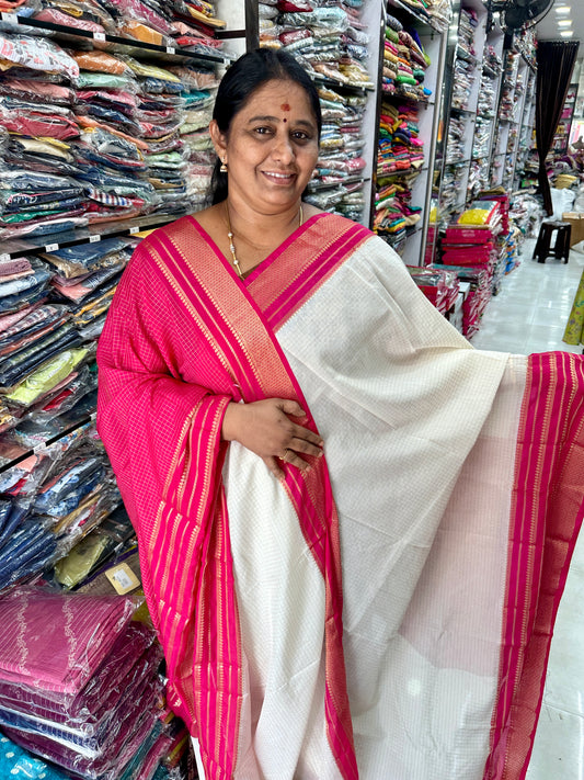 Pure Checks Silk Saree Cream - M004