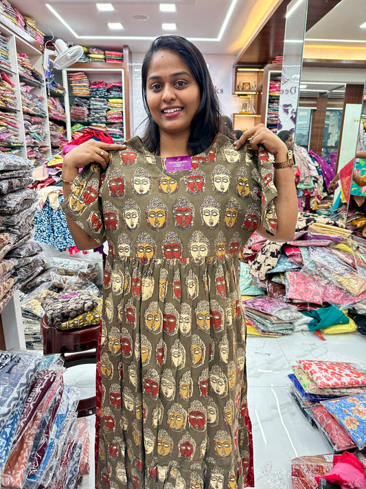 Kalamkari Cotton Puff Midi - Green Buddha