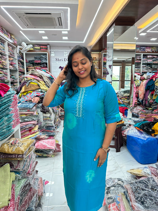 Silk Georgette Turquoise Blue Round Neck Tie & Dye Flower Kurthi