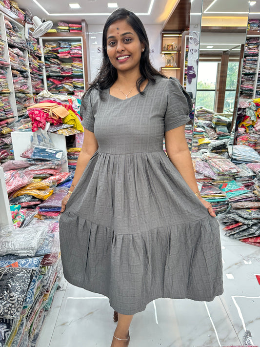 Square Pastel Grey Cotton Puff Midi dress